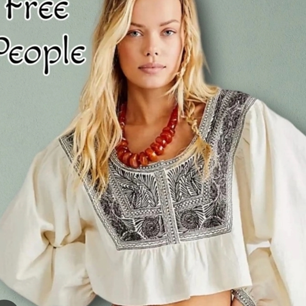 Free People Cream Embroidered Peasant Top